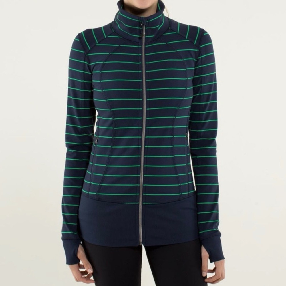 Lululemon Define Jacket Navy Blue Green Striped Full Zip Yoga Activewear Size 8